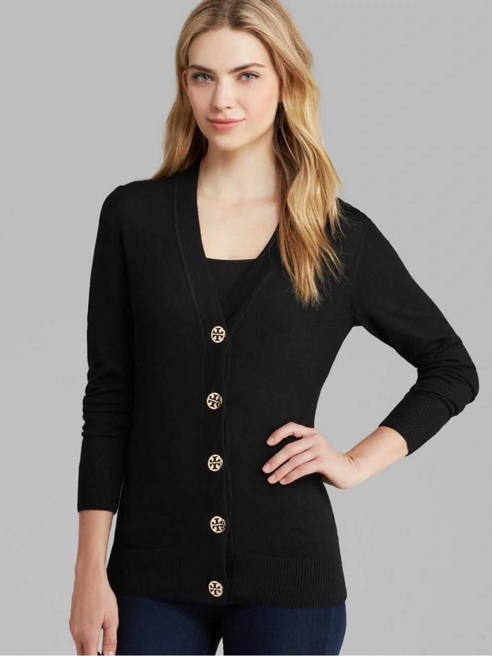 Tory Burch Merino Wool Black Sweater with Oversized Gold Logo Buttons *Flaws